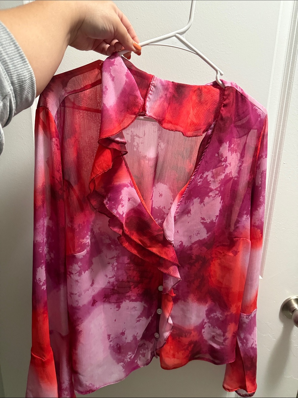 Women's Pink & Red Ruffle V-Neck Blouse
